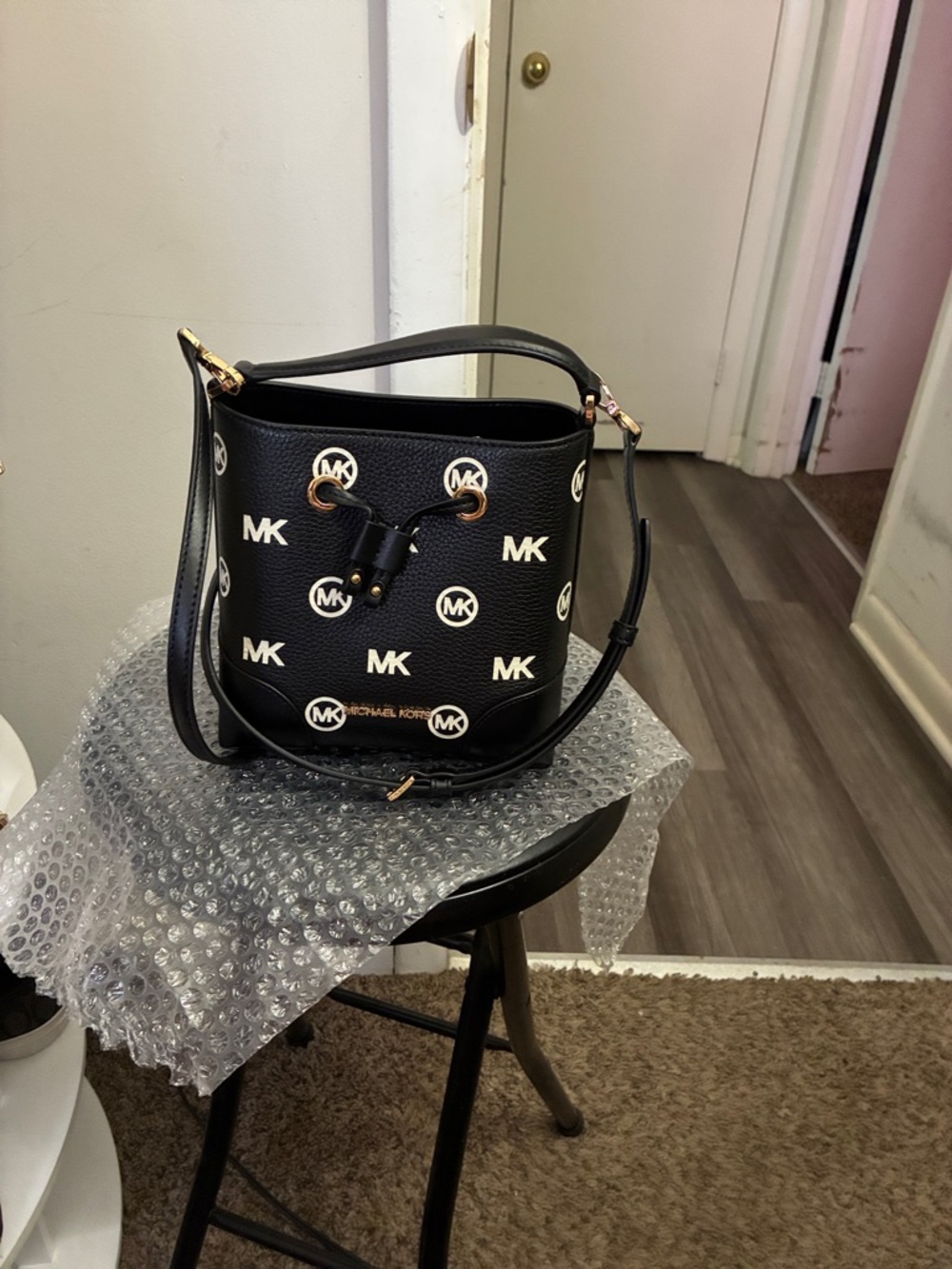 Michael Kors Black Logo Drawstring Bucket Bag with Gold Hardware